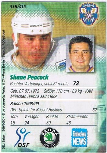 DEL Playerkarte Shane Peacock München Barons 1999/2000 #338