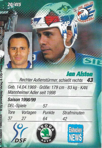 DEL Playerkarte Jan Alston #20 Adler Mannheim 1999/2000
