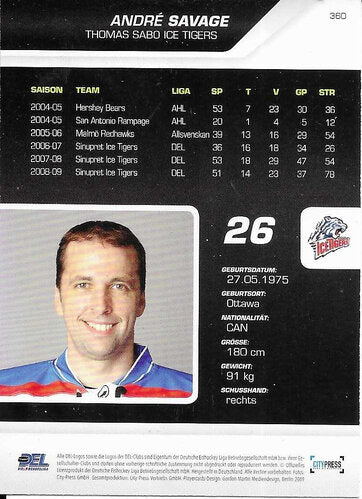 DEL Playerkarte Saison 2009/2010 – Andre Savage – Thomas Sabo Ice Tigers – City Press – Nr. 360