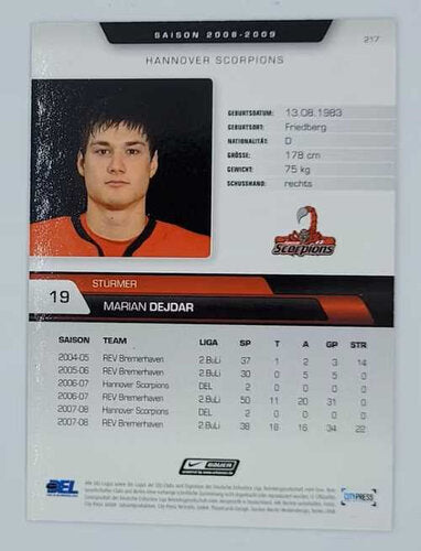 2008/2009 City-Press #217 Marian Dejdar – Hannover Scorpions (Base Card)
