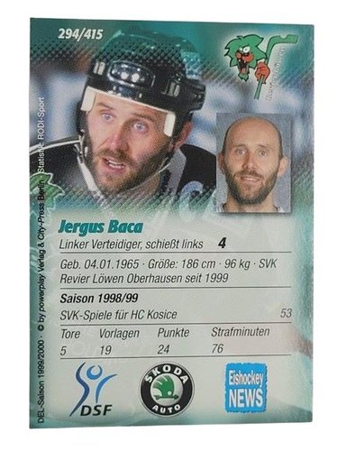 1999/2000 Powerplay #294 Jergus Baca – Revier Löwen Oberhausen (Base Card)