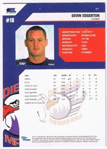 DEL Playerkarte City Press 2004/2005 Devin Edgerton Adler Mannheim 007
