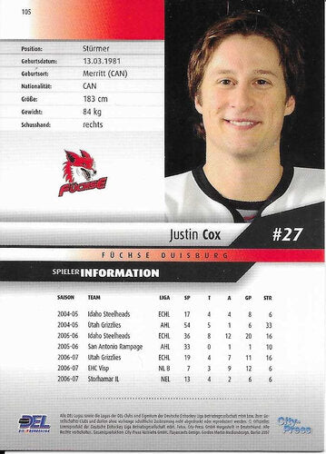 2007-08 Playercards DEL #105 Justin Cox EV Duisburg
