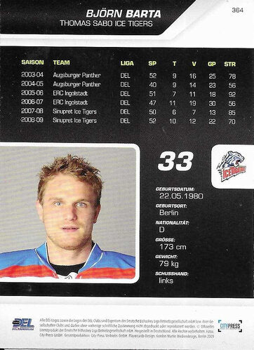 DEL Playerkarte Saison 2009/2010 – Björn Barta – Thomas Sabo Ice Tigers – City Press – Nr. 364