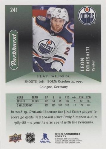 Leon Draisaitl Playerkarte 2019-20 Parkhurst #241 Oilers