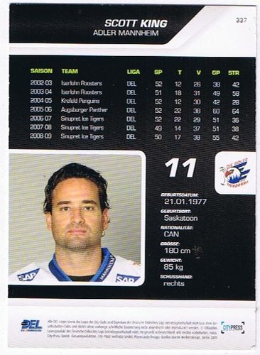 Playerkarte 2009/2010 #337 Scott King Adler Mannheim