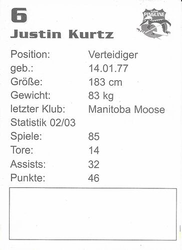 Autogrammkarte Justin Kurtz #6 Krefeld Pinguine 2003/2004