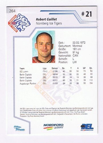 DEL Playerkarte 2002-2003  #264 Robert Guillet Nürnberg Ice Tigers