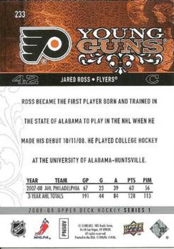 Jared Ross 2008-09 Upper Deck #233 Young Guns RC Flyers Karte