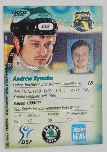 Playerkarte 1999-2000 #134 Andrew Rymsha Krefeld Pinguine