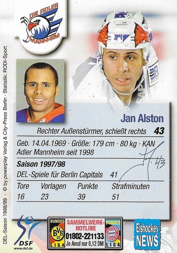 Playerkarte 1998/1999 Jan Alston  Schirner Edition Adler Mannheim