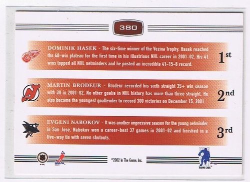 2002-03 BAP First Edition #380 Brodeur / Hasek / Nabokov NHL Leaders (Base-Card)