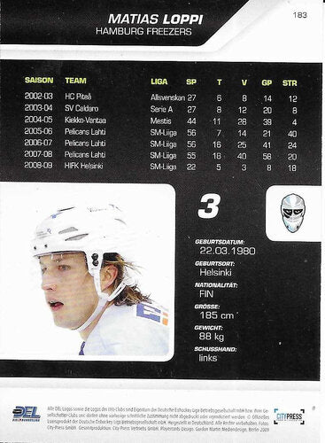 Playerkarte Matias Loppi #183 – Hamburg Freezers 2009/2010