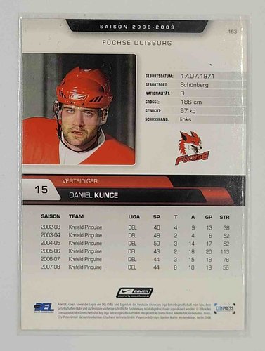 DEL Playerkarte 2008/2009 Daniel Kunce Füchse Duisburg Nr. 163