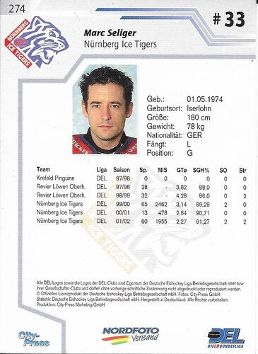 Playerkarte 2002/2003 #274 Marc Seliger Nürnberg Ice Tigers