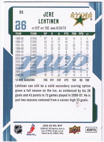 Jere Lehtinen Playerkarte 2008/2009 – Upper Deck MVP #15 Dallas Stars