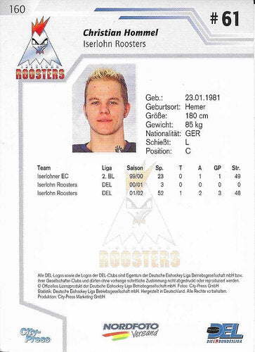 DEL Playerkarte 2002/2003 #160 – Christian Hommel – Iserlohn Roosters (City-Press)