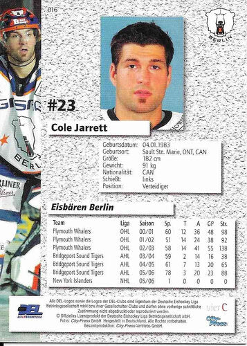 2006/2007 City-Press #16 Cole Jarrett – Eisbären Berlin (Base Card)