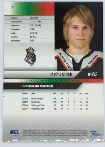2007/2008 City-Press #087 Mathis Olimb – Augsburger Panther (Base Card)
