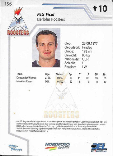 Playerkarte 2002/2003 #156 Petr Fical Iserlohn Roosters