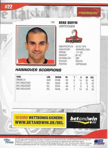 Playerkarte 2005/2006 #122 Brad Burym Hannover Scorpions