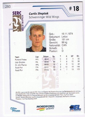 Playerkarte 2002/2003 #293 Curtis Sheptak Schwenninger Wild Wings