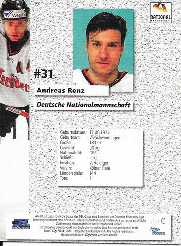Playerkarte 2006/2007 #191 Andreas Renz Deutsche Nationalmannschaft
