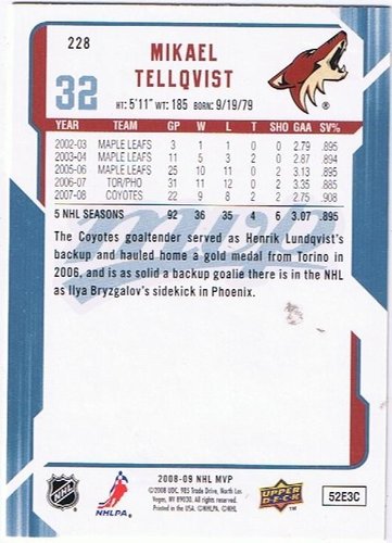 Upper Deck MVP 2008/2009 #228 Mikael Tellqvist Coyotes