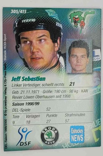 DEL Playerkarte Jeff Sebastian Revier Löwen 1999/2000 Powerplay