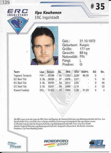 Playerkarte 2002/2003 #139 Ilpo Kauhanen ERC Ingolstadt
