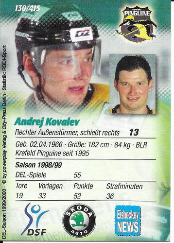 Playerkarte Andrej Kovalev #130 – Krefeld Pinguine 1999/2000 – Powerplay
