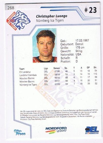DEL Playerkarte 2002/03 Christopher Luongo Nürnberg Ice Tigers