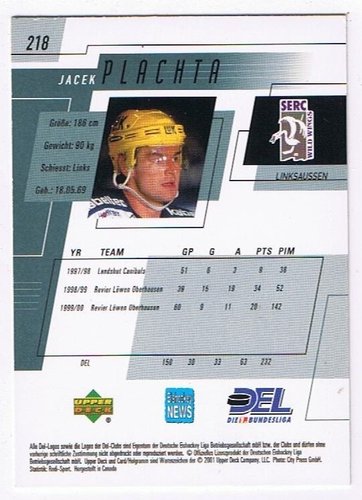 Jacek Plachta Playerkarte 2000-01 Upper Deck DEL Wild Wings