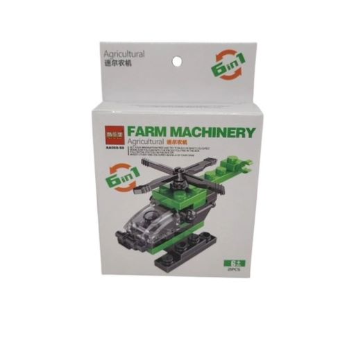 Verpackung des 6-in-1 Farm Machinery Bausatzes mit 21 Teilen für sechs verschiedene landwirtschaftliche Modelle