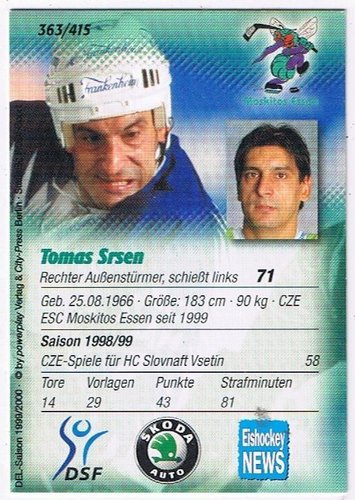 DEL Playercard Tomas Srsen 1999/2000 Moskitos Essen #363 Powerplay