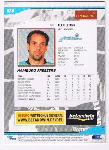 DEL Playerkarte 2005/06 Alan Letang #109 – Hamburg Freezers Sammlerkarte Eishockey