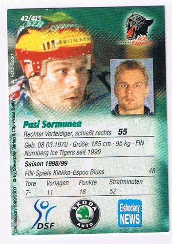 Playerkarte 1999/00 Pasi Sormunen Nürnberg Ice Tigers