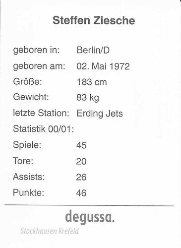 Autogrammkarte Steffen Ziesche – Krefeld Pinguine 2001/2002 (70x90)