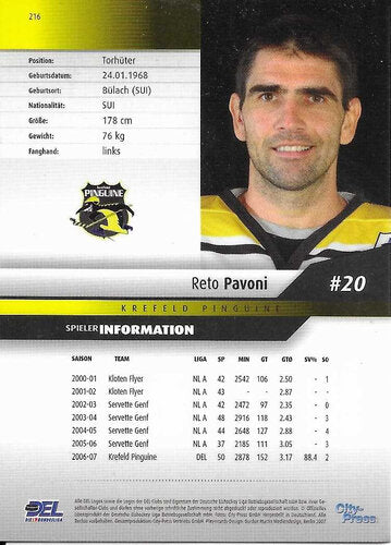 Playerkarte 2007/2008 #216 – Reto Pavoni – Krefeld Pinguine – DEL Goalie