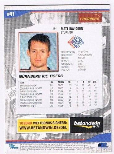 DEL Playerkarte 2005/2006  #264 Matt Davidson Nürnberg Ice Tigers