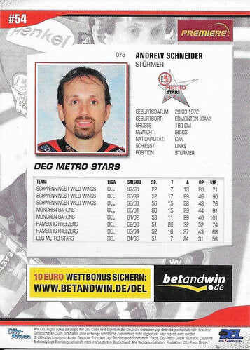 Playerkarte #073 Andrew Schneider – DEG Metro Stars 2005/2006