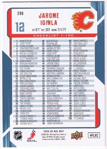 Upper Deck MVP 2008/2009 #298 Jarome Iginla – Calgary Flames Checklist (Base Card)