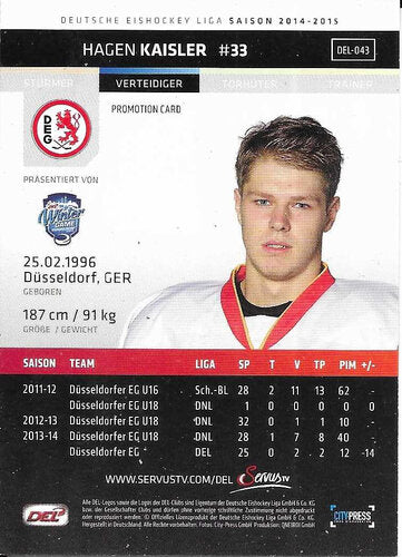 Playerkarte #DEL-043 Hagen Kaisler – DEG 2014/2015 Promotion Card