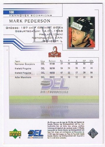 DEL Playerkarte 2001/2002 – Mark Pederson – Hannover Scorpions – Upper Deck #100