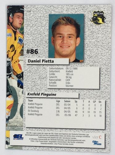 Playerkarte 2006/2007 #139 Daniel Pietta Krefeld Pinguine