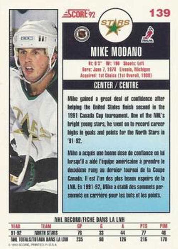 1992/1993 Score Canadian #139 Mike Modano – Minnesota North Stars (Base Card)