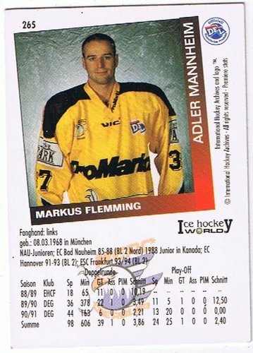 1995/96 IHA Playerkarte #265 Markus Flemming Adler Mannheim