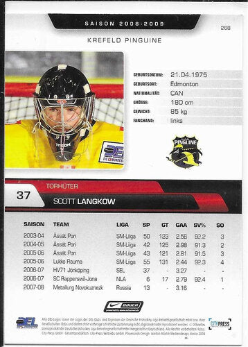 2008-09 Playercards DEL #268 Scott Langkow Krefeld Pinguine signiert
