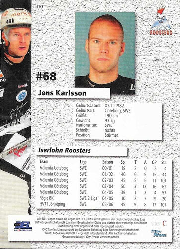DEL Playerkarte Jens Karlsson – Iserlohn Roosters 2006/2007