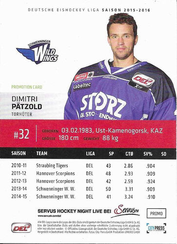 Playerkarte 2015/2016 #PROMO Dimitri Pätzlold Promotion Card Schwenninger Wild Wings